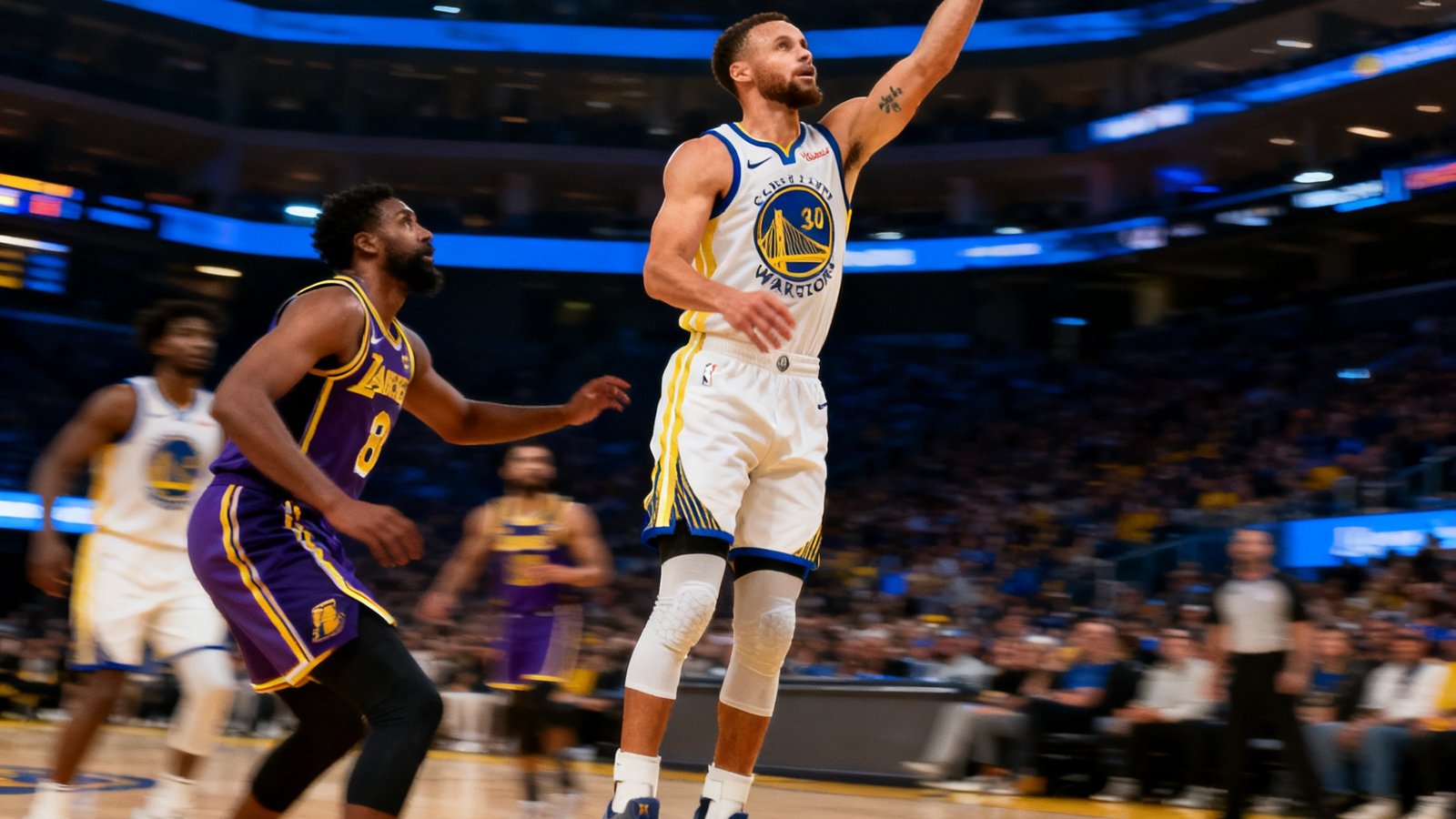 NBA常规赛湖人勇士对决，库里三分出手瞬间